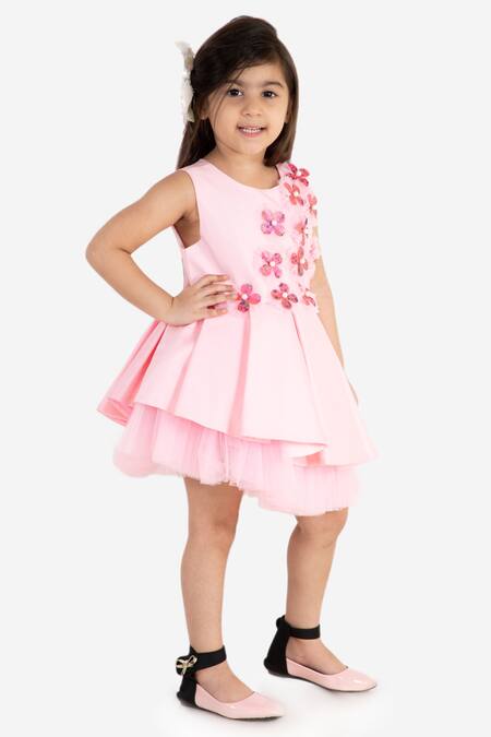 Buy_Miakki_Pink Net, Satin Sequins Floral Applique Ruffle Dress _Online_at_Aza_Fashions