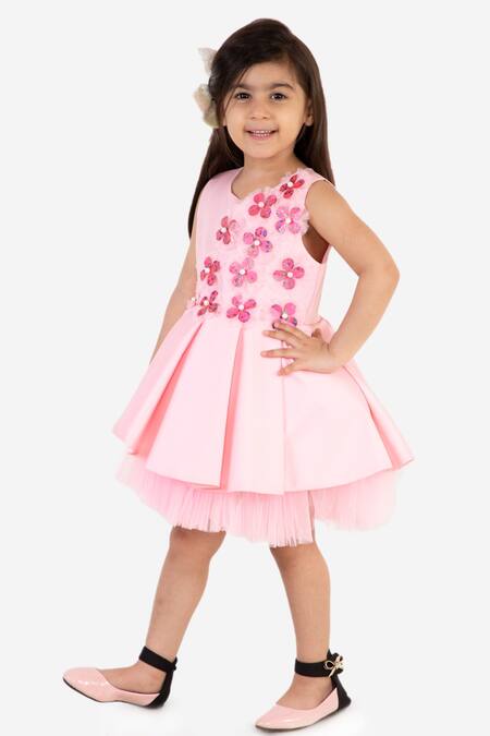 Shop_Miakki_Pink Net, Satin Sequins Floral Applique Ruffle Dress _Online_at_Aza_Fashions