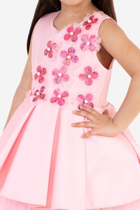 Miakki_Pink Net, Satin Sequins Floral Applique Ruffle Dress _at_Aza_Fashions