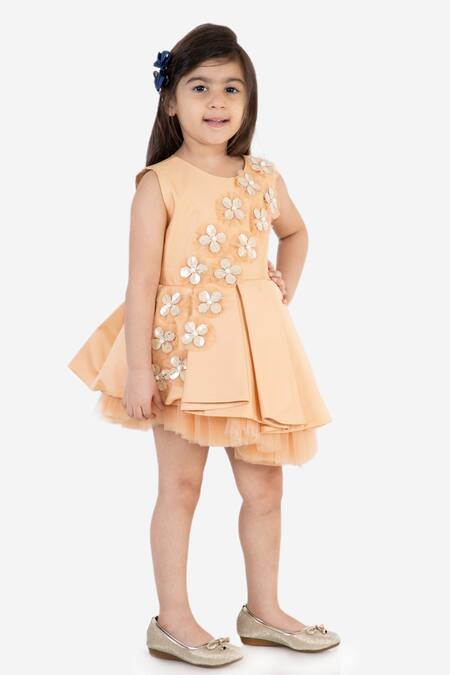 Miakki_Yellow Net, Satin Embroidery Floral Applique Ruffle Dress _Online_at_Aza_Fashions