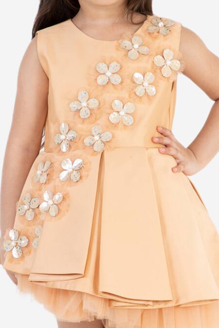Shop_Miakki_Yellow Net, Satin Embroidery Floral Applique Ruffle Dress _Online_at_Aza_Fashions