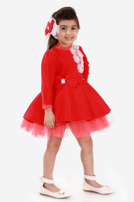 Miakki_Red Net, Velvet Fabric Flowers Floral Applique Ruffle Dress_Online_at_Aza_Fashions