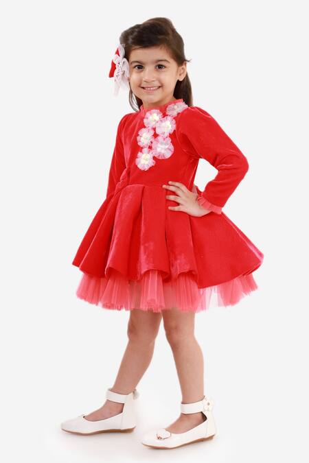 Buy_Miakki_Red Net, Velvet Fabric Flowers Floral Applique Ruffle Dress_Online_at_Aza_Fashions