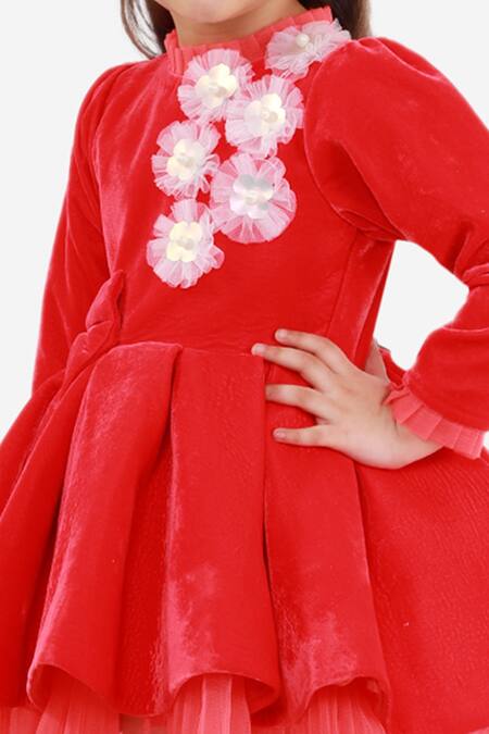 Shop_Miakki_Red Net, Velvet Fabric Flowers Floral Applique Ruffle Dress_Online_at_Aza_Fashions