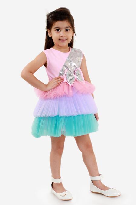 Miakki_Pink Net, Satin Sequins Work Ruffle Dress _Online_at_Aza_Fashions