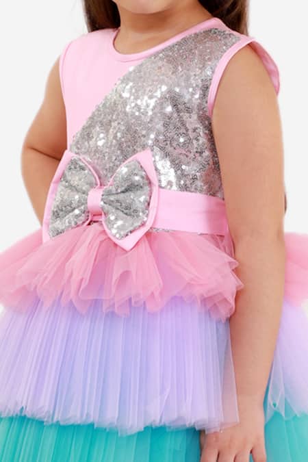 Shop_Miakki_Pink Net, Satin Sequins Work Ruffle Dress _Online_at_Aza_Fashions