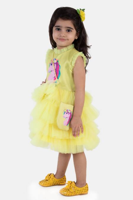 Miakki Yellow Net, Satin Ruffles Unicorn Motif Dress Online at Aza Fashions Miakki_Yellow Net, Satin Ruffles Unicorn Motif Dress_Online_at_Aza_Fashions