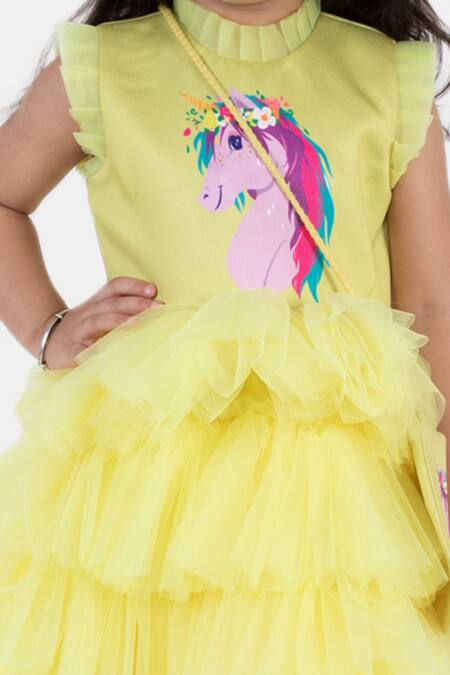 Buy Miakki Yellow Net, Satin Ruffles Unicorn Motif Dress Online at Aza Fashions Buy_Miakki_Yellow Net, Satin Ruffles Unicorn Motif Dress_Online_at_Aza_Fashions