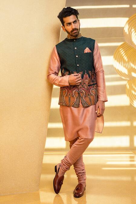 Kalista_Beige Bundi Natural , Kurta And Churidar Chanderi Aariz Printed & Set _Online_at_Aza_Fashions