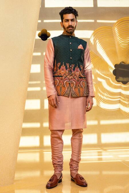 Buy_Kalista_Beige Bundi Natural , Kurta And Churidar Chanderi Aariz Printed & Set _Online_at_Aza_Fashions