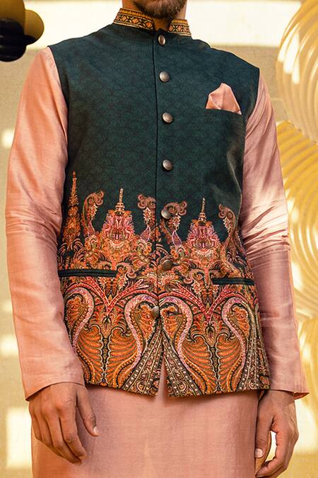 Shop_Kalista_Beige Bundi Natural , Kurta And Churidar Chanderi Aariz Printed & Set _Online_at_Aza_Fashions