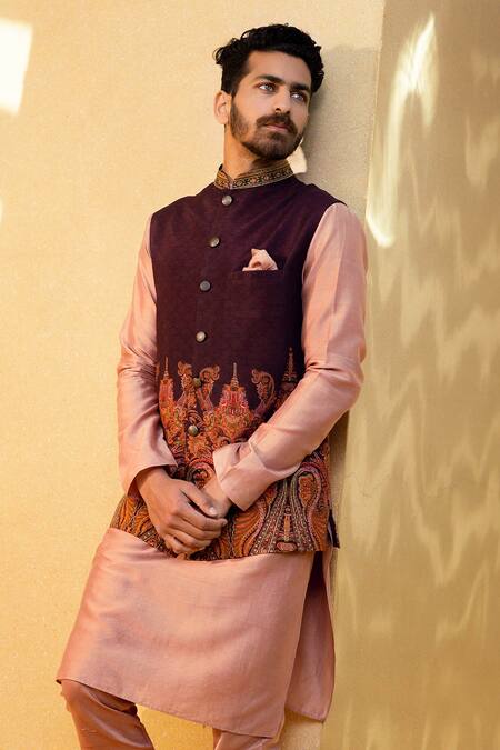 Kalista_Beige Bundi Natural , Kurta And Churidar Chanderi Aariz Printed & Set _Online_at_Aza_Fashions