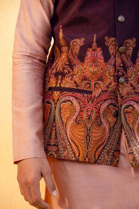 Buy_Kalista_Beige Bundi Natural , Kurta And Churidar Chanderi Aariz Printed & Set _Online_at_Aza_Fashions