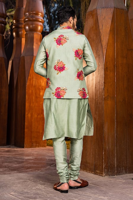 Shop_Kalista_Green Bundi Natural Silk, Kurta And Churidar Chanderi Vivaan Printed & Set _at_Aza_Fashions