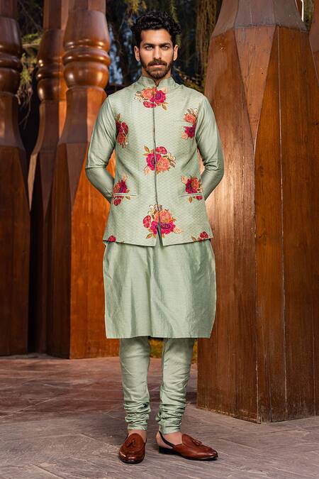 Kalista_Green Bundi Natural Silk, Kurta And Churidar Chanderi Vivaan Printed & Set _Online_at_Aza_Fashions
