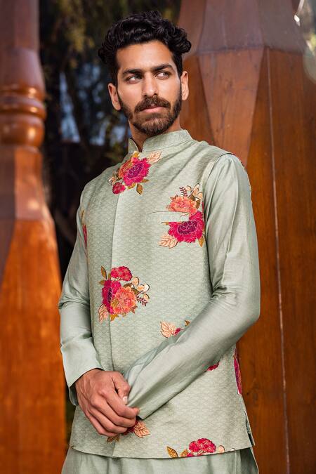 Buy_Kalista_Green Bundi Natural Silk, Kurta And Churidar Chanderi Vivaan Printed & Set _Online_at_Aza_Fashions