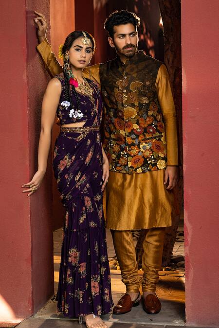 Kalista_Yellow Bundi Natural , Kurta And Churidar Chanderi Zain Printed & Set _Online_at_Aza_Fashions