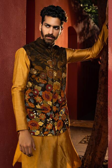 Buy_Kalista_Yellow Bundi Natural , Kurta And Churidar Chanderi Zain Printed & Set _Online_at_Aza_Fashions