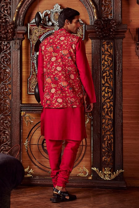 Shop_Kalista_Red Chanderi, Viscose Silk Floral Mazhar Bundi And Kurta Set _at_Aza_Fashions