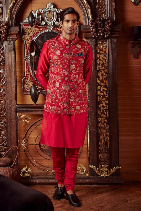 Kalista_Red Chanderi, Viscose Silk Floral Mazhar Bundi And Kurta Set _Online_at_Aza_Fashions