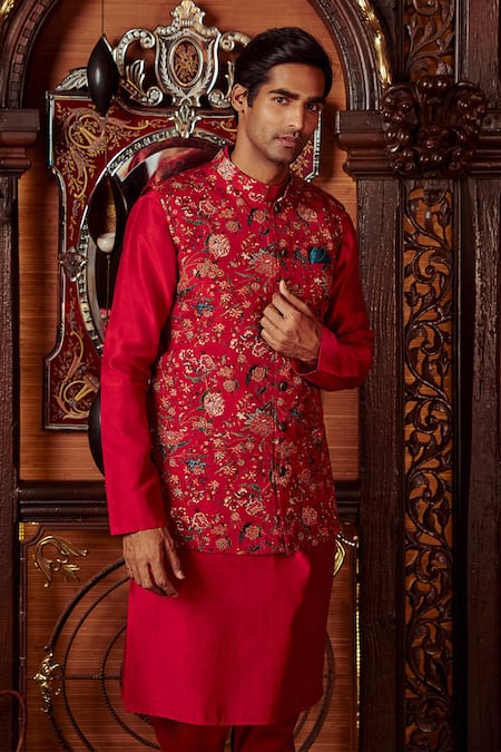 Buy_Kalista_Red Chanderi, Viscose Silk Floral Mazhar Bundi And Kurta Set _Online_at_Aza_Fashions