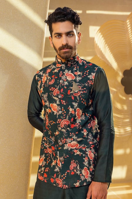 Kalista_Green Bundi Natural , Kurta And Churidar Chanderi Kiyan Printed & Set _Online_at_Aza_Fashions