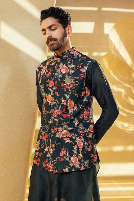 Buy_Kalista_Green Bundi Natural , Kurta And Churidar Chanderi Kiyan Printed & Set _Online_at_Aza_Fashions