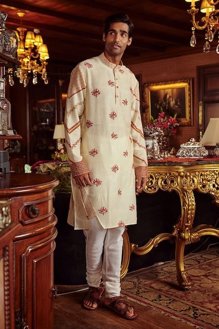 Kalista_Beige Chanderi Floral, Stripe Danish Kurta Set _Online_at_Aza_Fashions