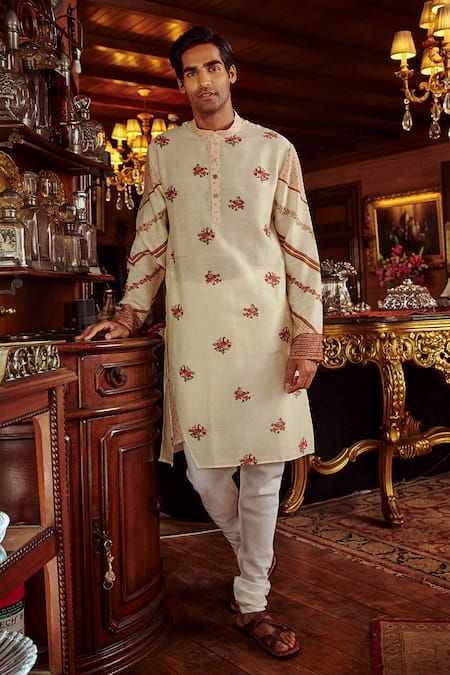 Buy_Kalista_Beige Chanderi Floral, Stripe Danish Kurta Set _Online_at_Aza_Fashions