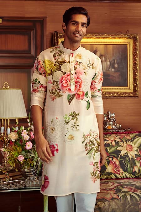 Kalista Pink Chanderi Floral Ishir Print Kurta Set Online at Aza Fashions Kalista_Pink Chanderi Floral Ishir Print Kurta Set _Online_at_Aza_Fashions