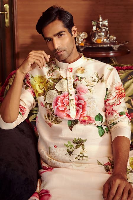 Buy Kalista Pink Chanderi Floral Ishir Print Kurta Set Online at Aza Fashions Buy_Kalista_Pink Chanderi Floral Ishir Print Kurta Set _Online_at_Aza_Fashions