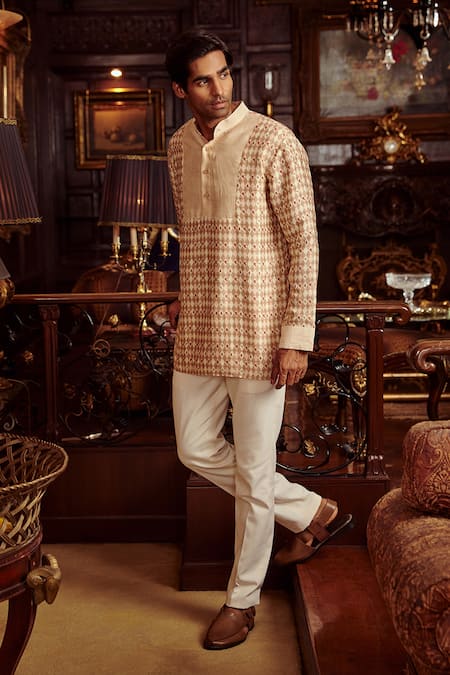 Kalista_Pink Chanderi Geometric Ayaan Kurta Set _Online_at_Aza_Fashions