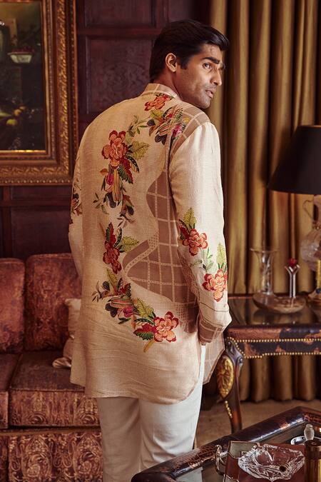 Buy_Kalista_Beige Chanderi Floral, Geometric Faiz Kurta Set _Online_at_Aza_Fashions
