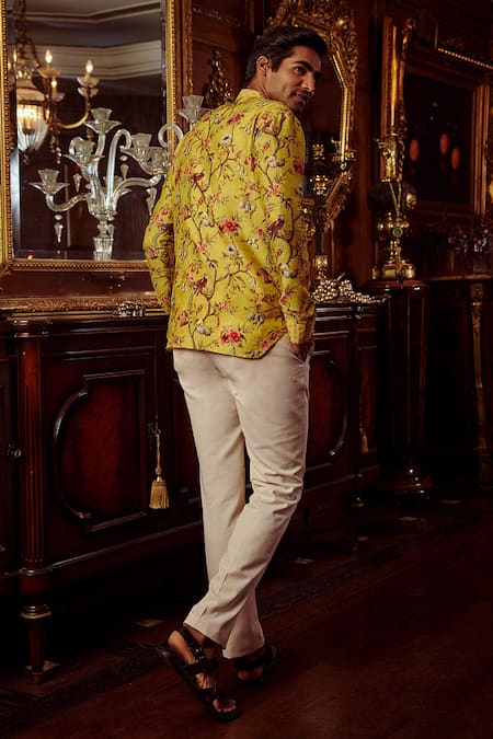 Shop_Kalista_Yellow Chanderi Floral Emir Kurta Set _at_Aza_Fashions