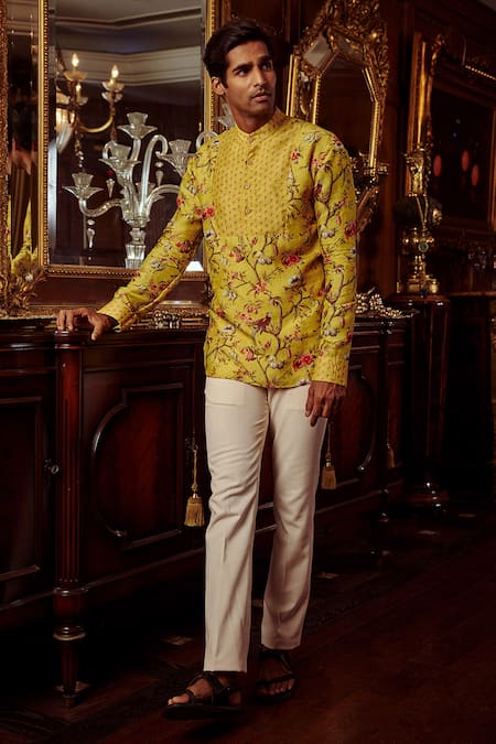 Kalista_Yellow Chanderi Floral Emir Kurta Set _Online_at_Aza_Fashions