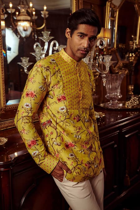 Buy_Kalista_Yellow Chanderi Floral Emir Kurta Set _Online_at_Aza_Fashions