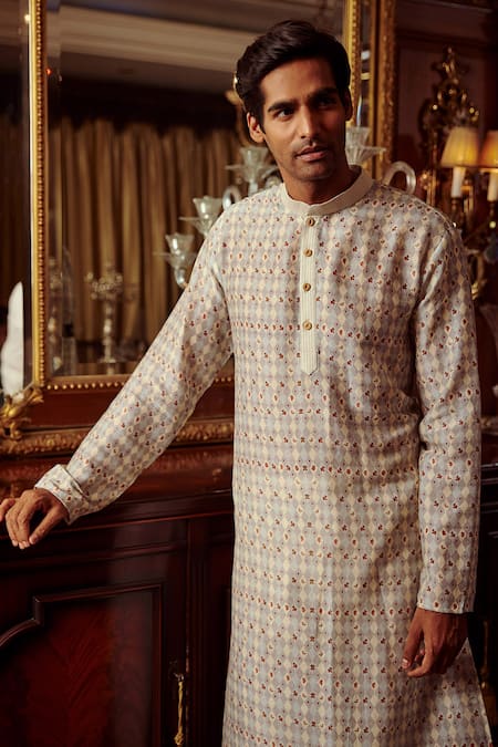 Kalista_Blue Chanderi Geometric Ezhil Kurta Set _Online_at_Aza_Fashions