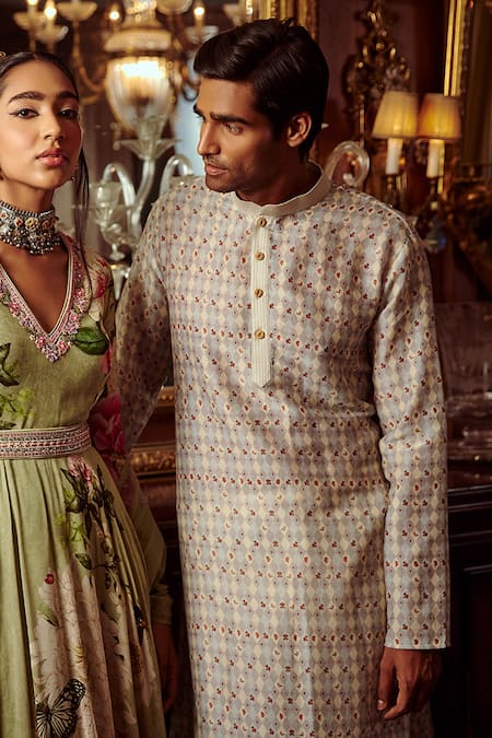 Buy_Kalista_Blue Chanderi Geometric Ezhil Kurta Set _Online_at_Aza_Fashions