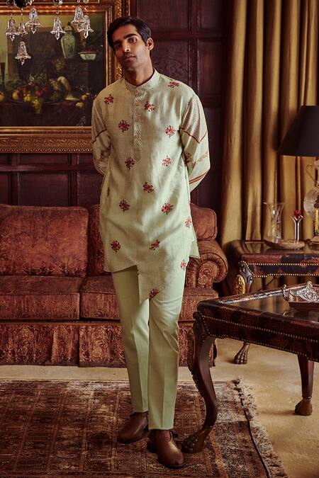 Kalista_Green Chanderi Floral Asif Kurta Set _Online_at_Aza_Fashions