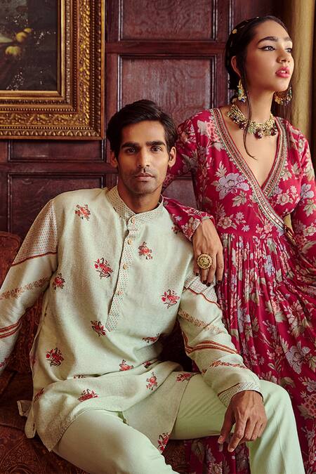 Buy_Kalista_Green Chanderi Floral Asif Kurta Set _Online_at_Aza_Fashions