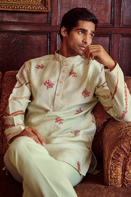 Kalista_Green Chanderi Floral Asif Kurta Set _at_Aza_Fashions