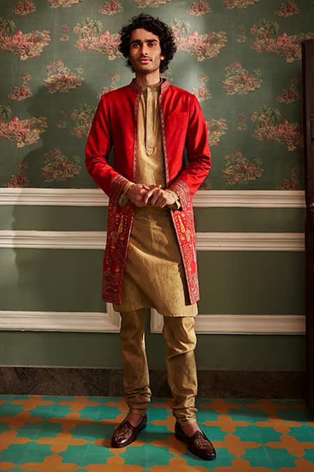 Kalista Red Bundi Raw Silk Embroidered Floral Reyaan And Chanderi Kurta Set 