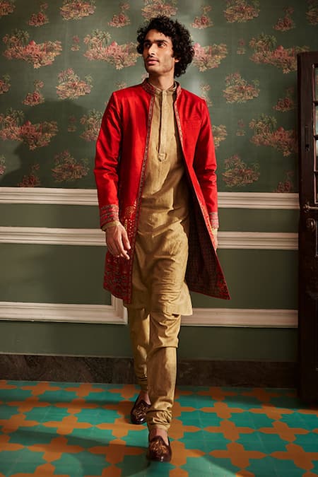 Kalista_Red Bundi Raw Silk, Kurta And Churidar Chanderi Floral Reyaan & Set _Online_at_Aza_Fashions