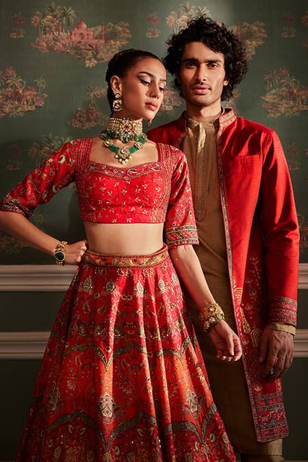 Buy_Kalista_Red Bundi Raw Silk, Kurta And Churidar Chanderi Floral Reyaan & Set _Online_at_Aza_Fashions