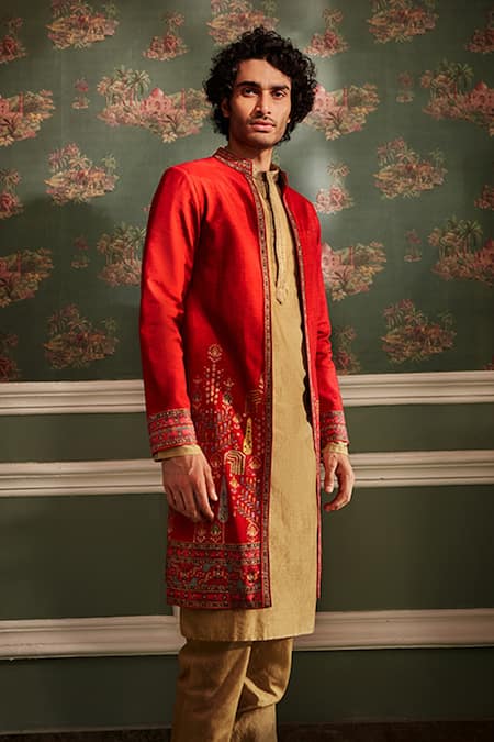 Shop_Kalista_Red Bundi Raw Silk, Kurta And Churidar Chanderi Floral Reyaan & Set _Online_at_Aza_Fashions