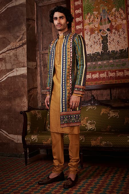 Kalista_Green Bundi Raw Silk, Kurta And Churidar Chanderi Floral Aslan & Set _Online_at_Aza_Fashions