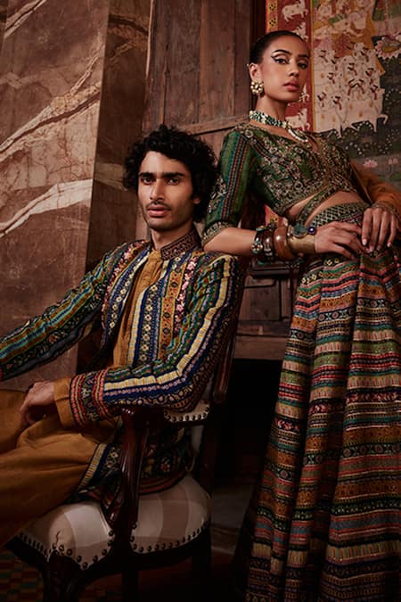 Buy_Kalista_Green Bundi Raw Silk, Kurta And Churidar Chanderi Floral Aslan & Set _Online_at_Aza_Fashions