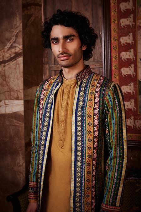 Shop_Kalista_Green Bundi Raw Silk, Kurta And Churidar Chanderi Floral Aslan & Set _Online_at_Aza_Fashions