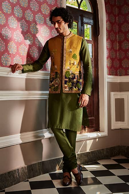 Kalista Yellow Bundi Raw Silk Printed Miniature Tahir And Chanderi Kurta Set 