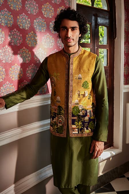 Kalista_Yellow Bundi Raw Silk, Kurta And Churidar Chanderi Miniature Tahir & Set _Online_at_Aza_Fashions